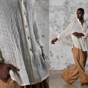 White Boho Funky Organic Cotton Shirt Hand Woven