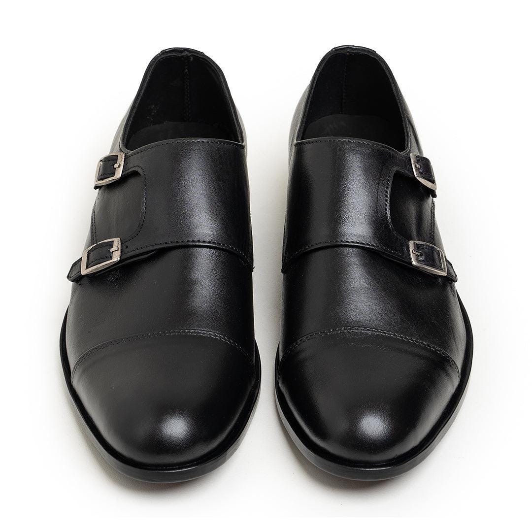Men's Black Double Monk Strap Shoes Captoe Leather